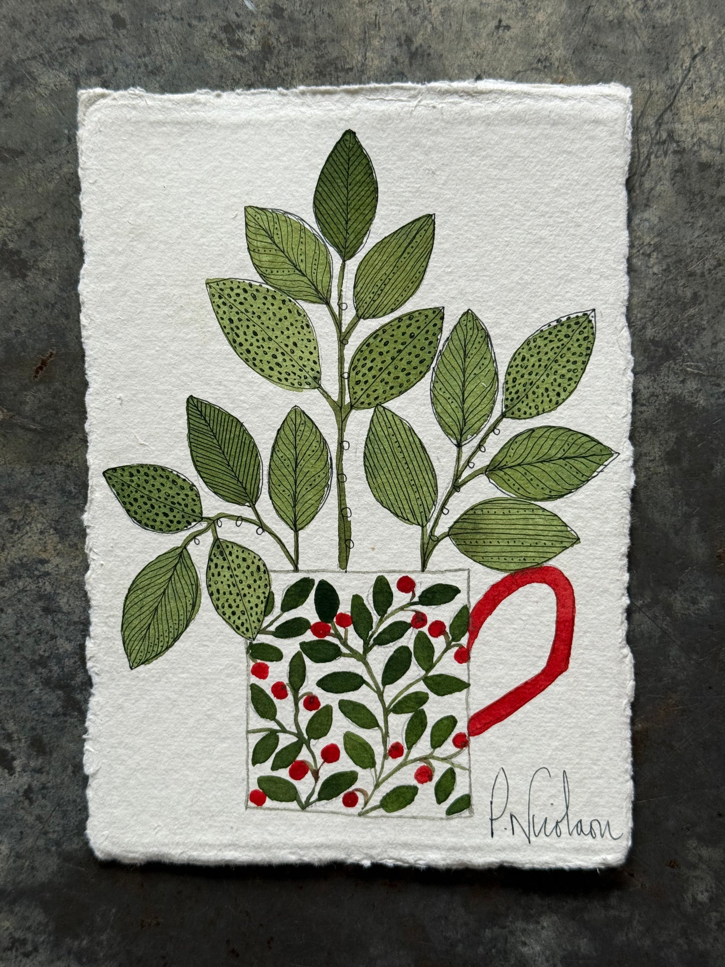 Original, A6 Watercolour Leaves in a Festive Mug.