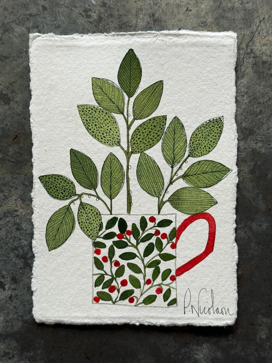 Original, A6 Watercolour Leaves in a Festive Mug.