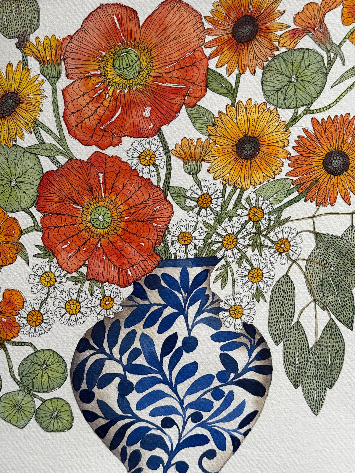 Original, Watercolour & Pen Orange Flowers