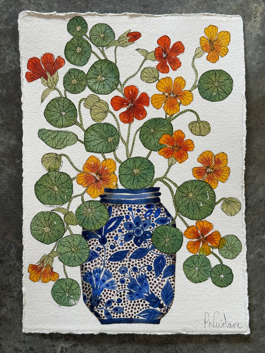 A4, Original Watercolour & Pen Nasturtium Flowers