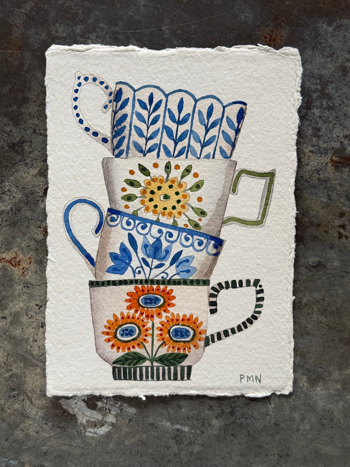 A6, Original Watercolour Stacked Teacups (a)