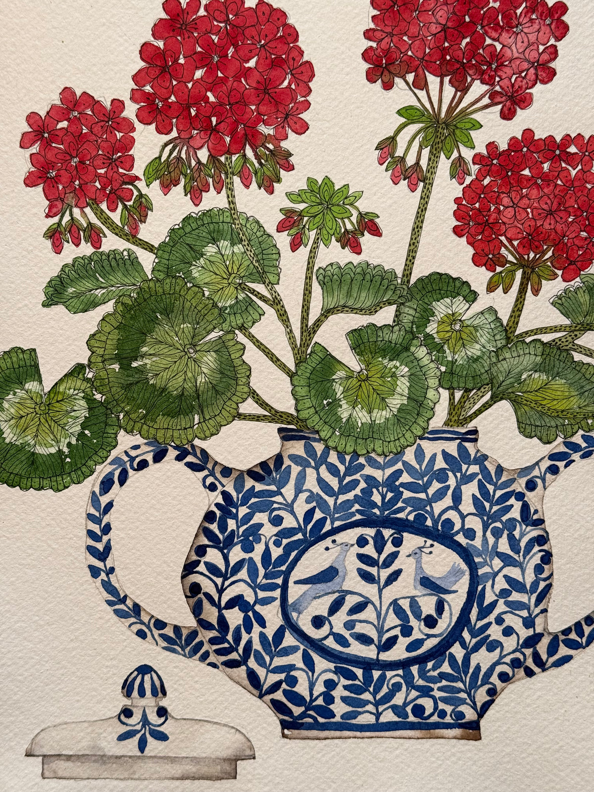 Large, Original Watercolour Geraniums in a Vintage Pot.