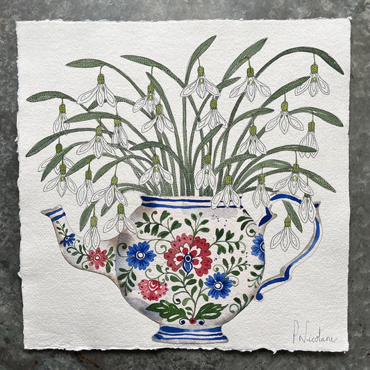 Original watercolour and ink painting of spring snowdrops in a patterned teapot.