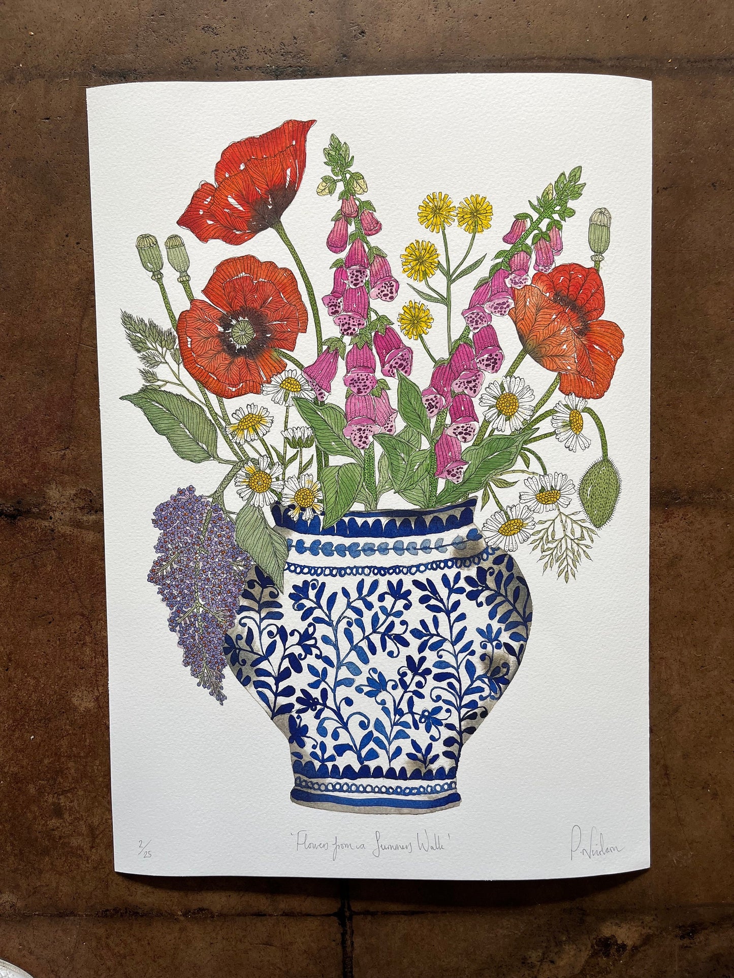 A3, limited edition giclee print of foxgloves, dandelions, buddleja, daisies and red poppies in a blue and white patterned cramic, vessel.
