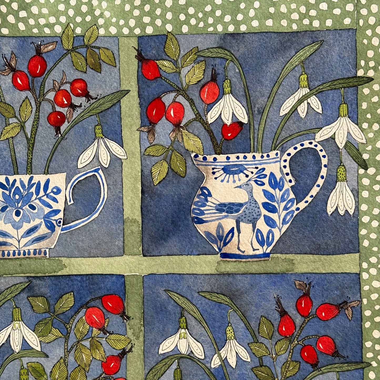 Original, Watercolour ‘Winter Window’ Snowdrops & Rosehips in Delftware