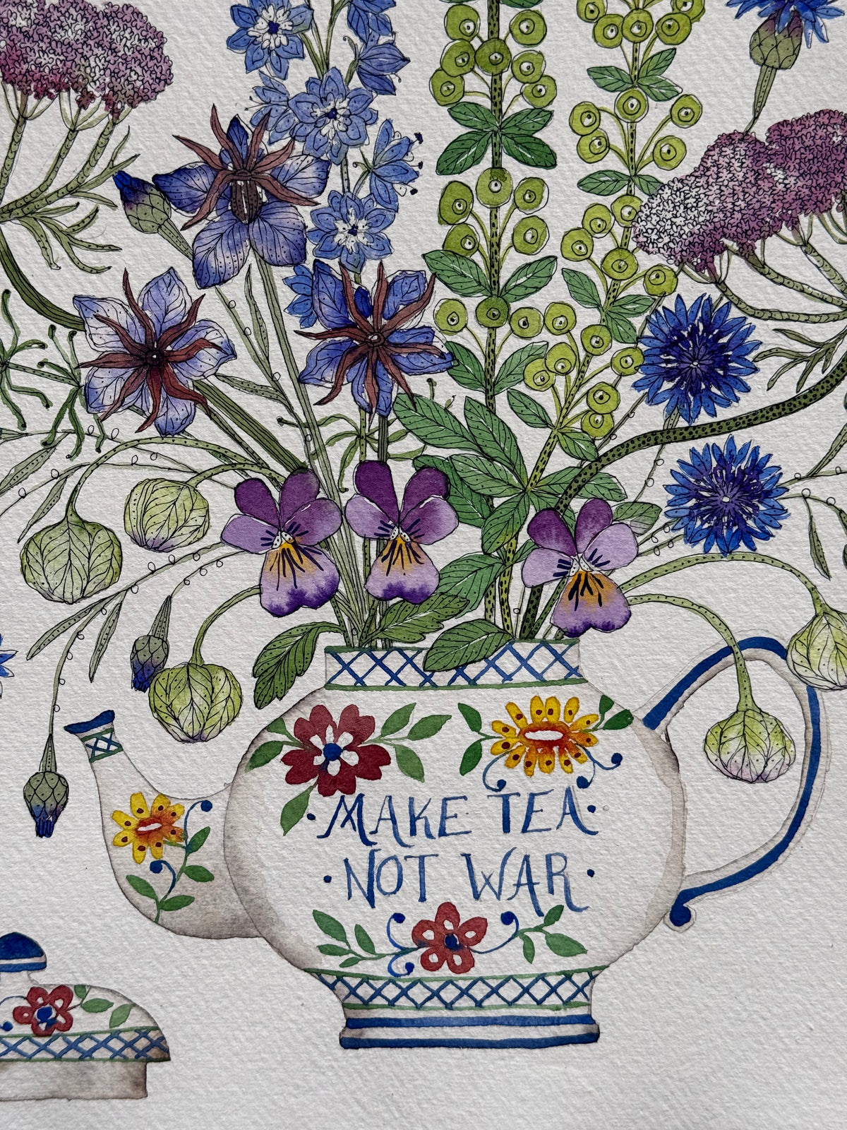 Large Original Watercolour Floral ‘Make Tea Not War’ Painting