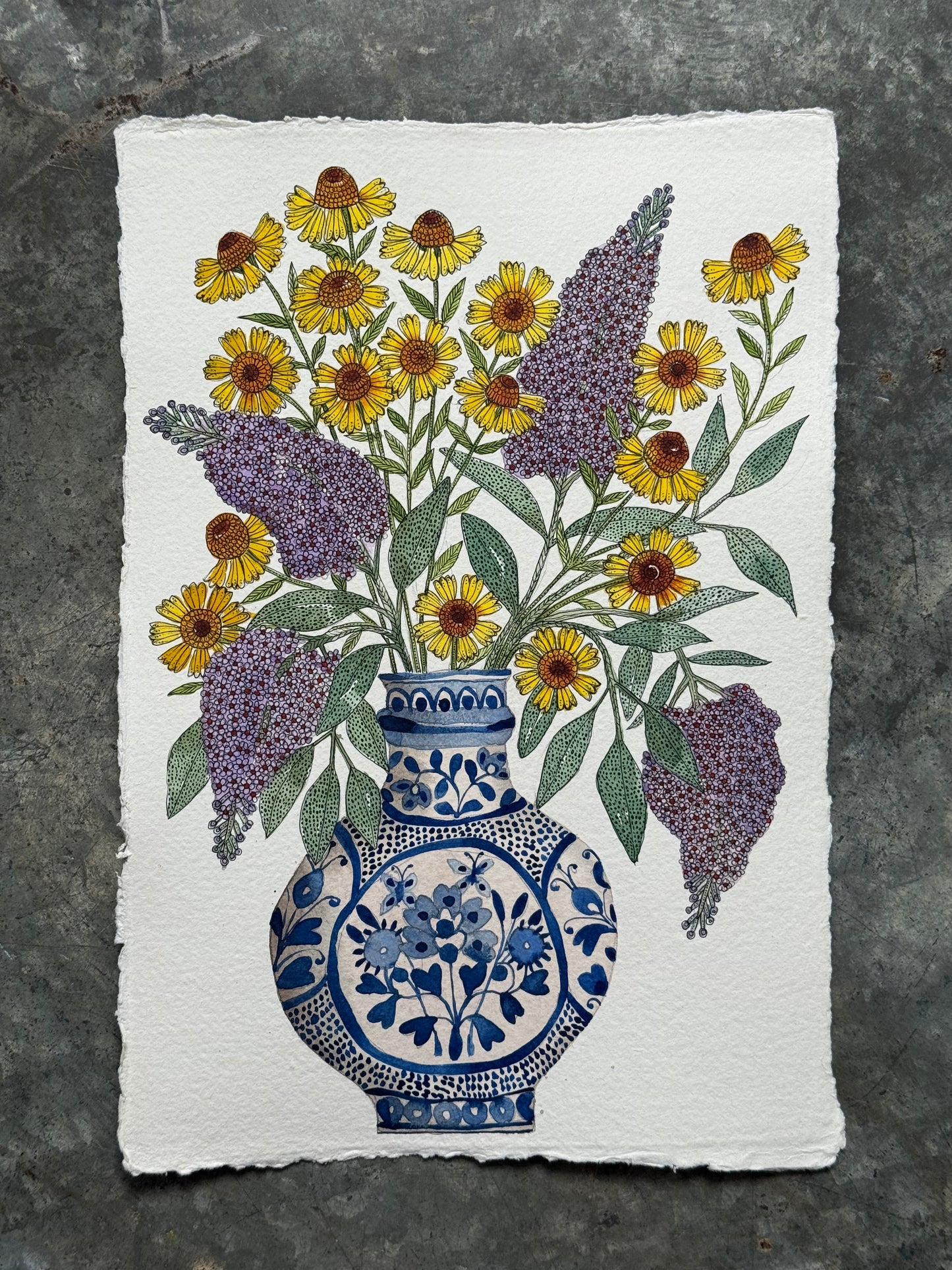 Original, A4 watercolour painting of Helenium & Buddleja flowers in a blue & white Ceramic Vase.