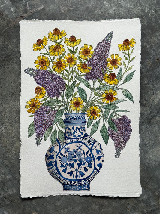 Original, A4 watercolour painting of Helenium & Buddleja flowers in a blue & white Ceramic Vase.