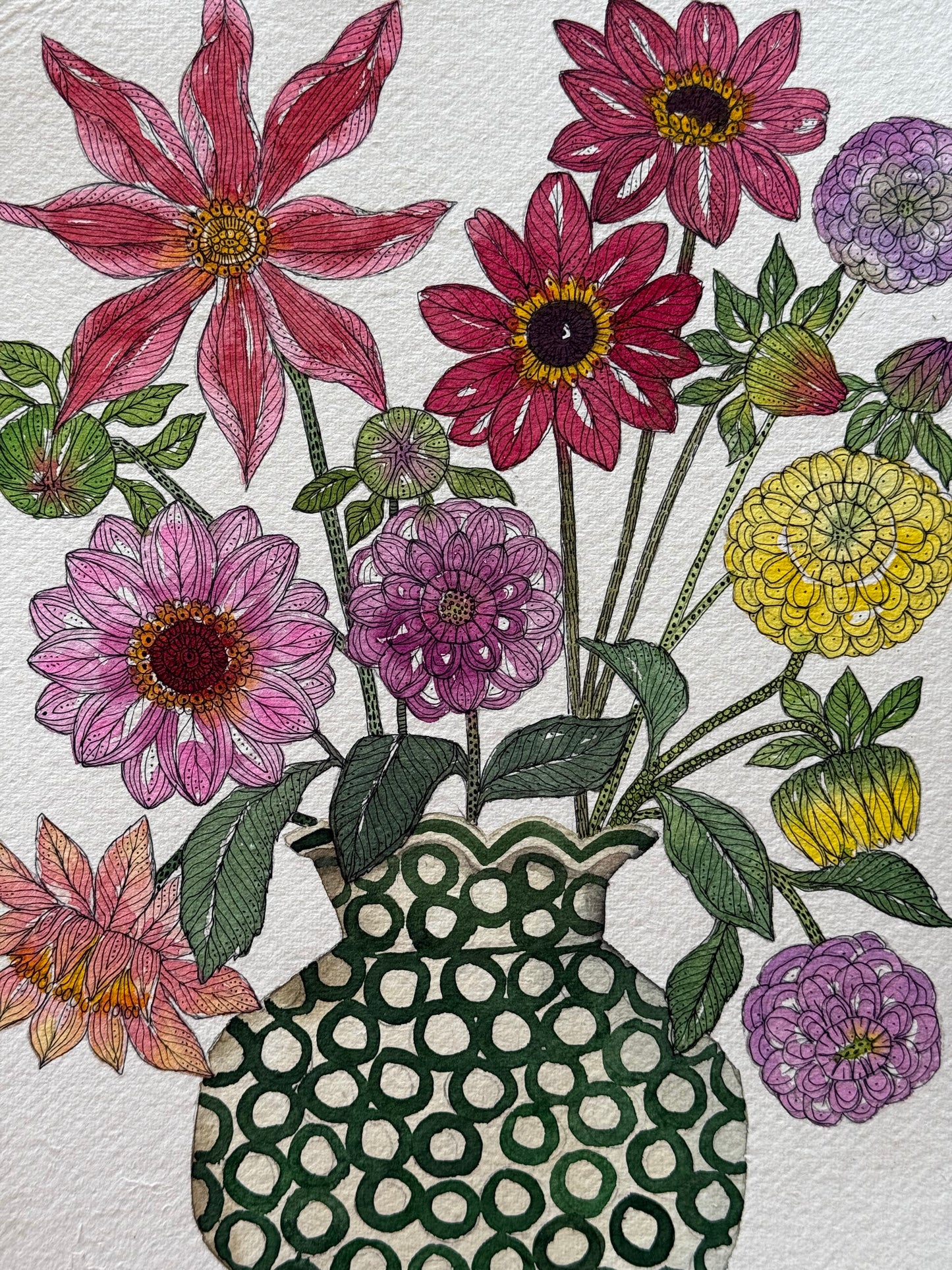 A4, Original Watercolour & Pen Dahlias in a Vase