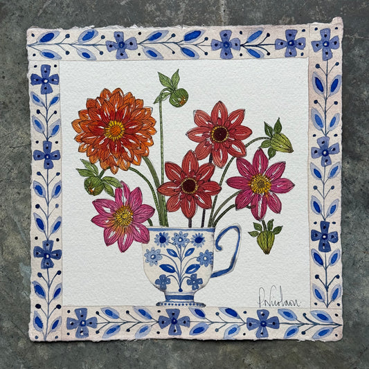 Original, watercolour painting of Dahlias in a little delft teacup.