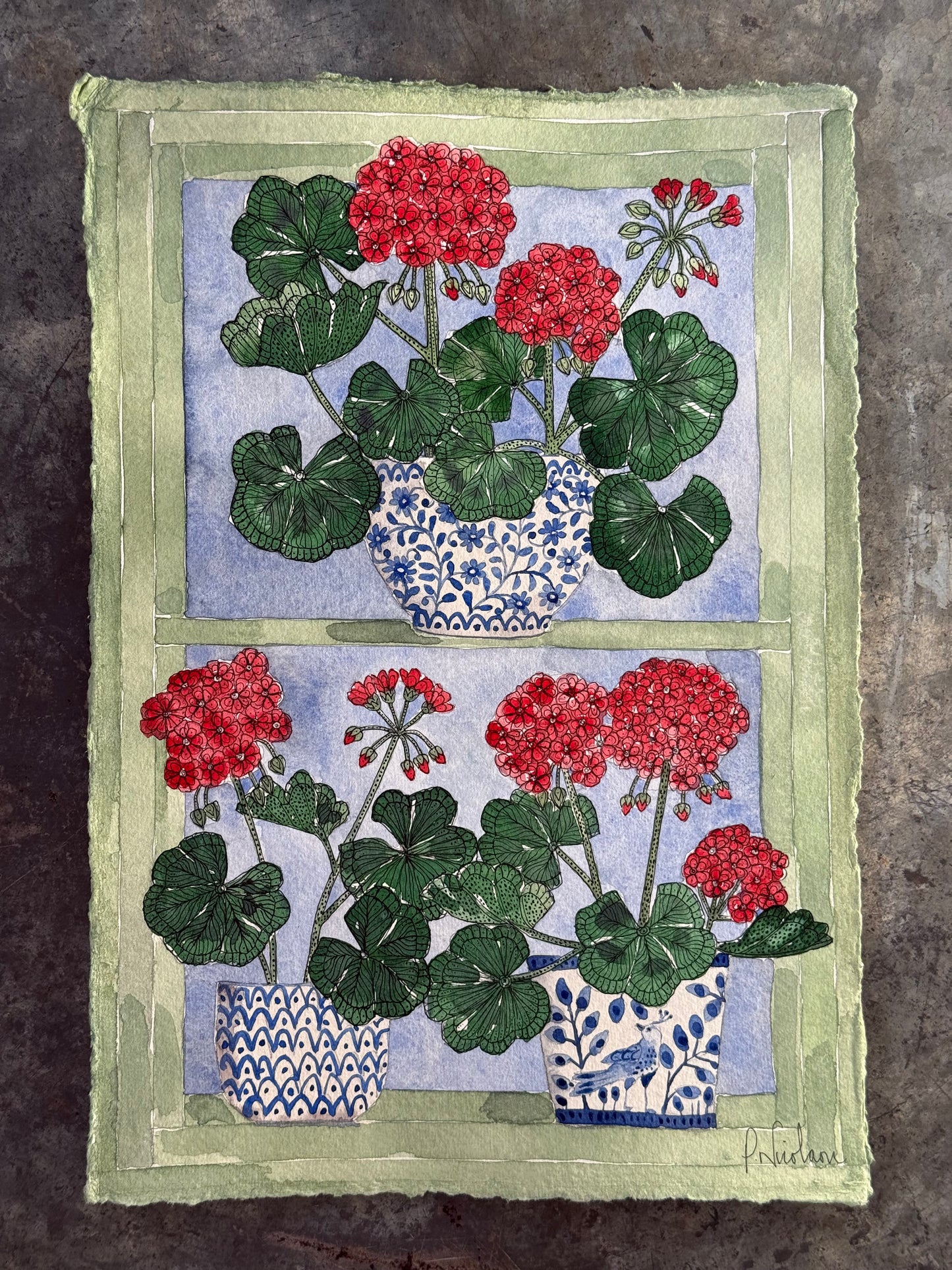 Original (A4) Geraniums on the windowsill, Watercolour Painting.