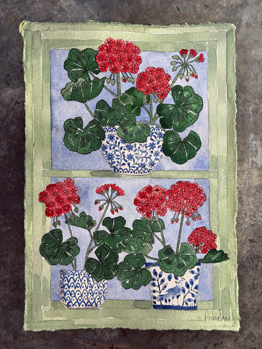 Original (A4) Geraniums on the windowsill, Watercolour Painting.