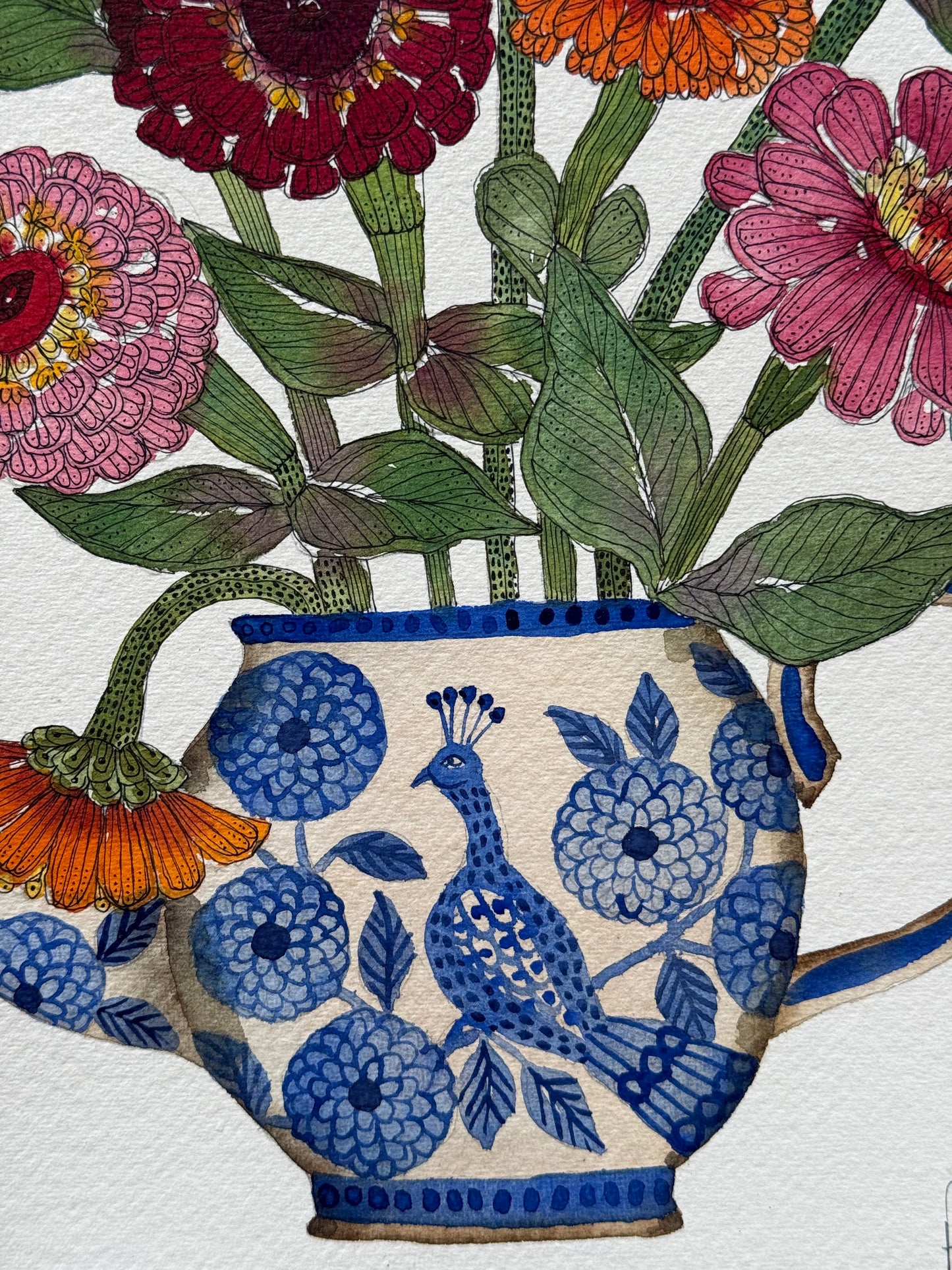 A4, Original Watercolour & Pen Zinnias