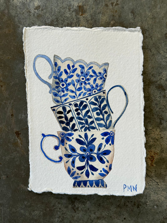 A6, Original Watercolour Stacked Teacups (b)