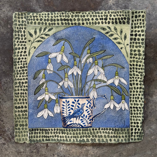 Original, Watercolour Painting of Snowdrops in a little Delft Mug.