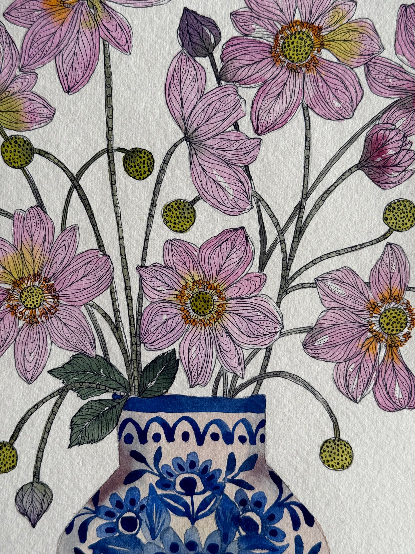 Original, A4 Watercolour Anemones in a Delft Vase