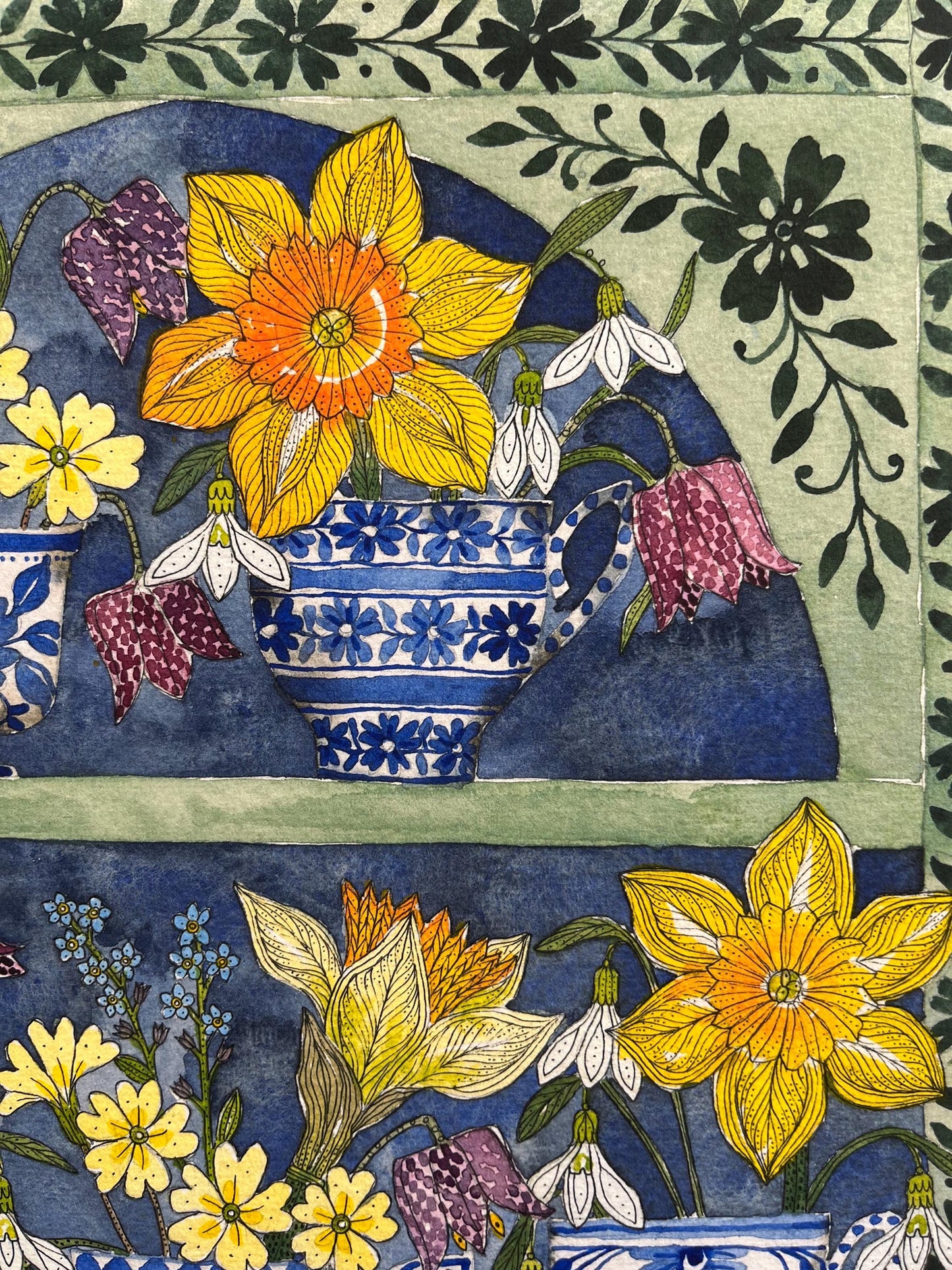 A3, giclee print of watercolour and ink daffodils and spring flowers in delft teacups and mugs displayed in a patterned plant Theatre.