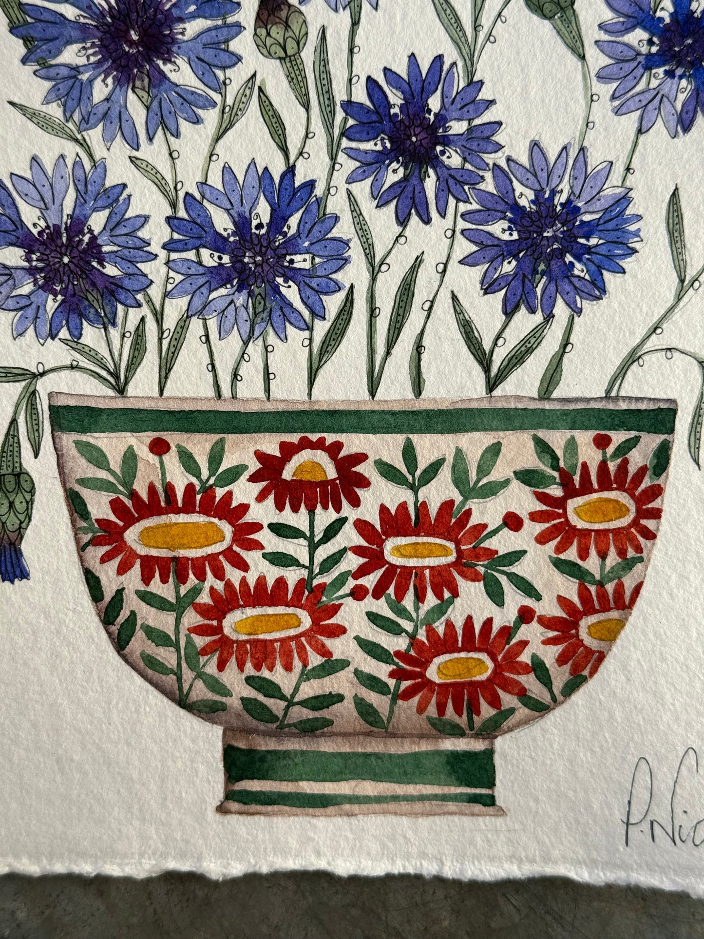 Original, A5 watercolour painting of Cornflowers in a Ceramic Vessel.