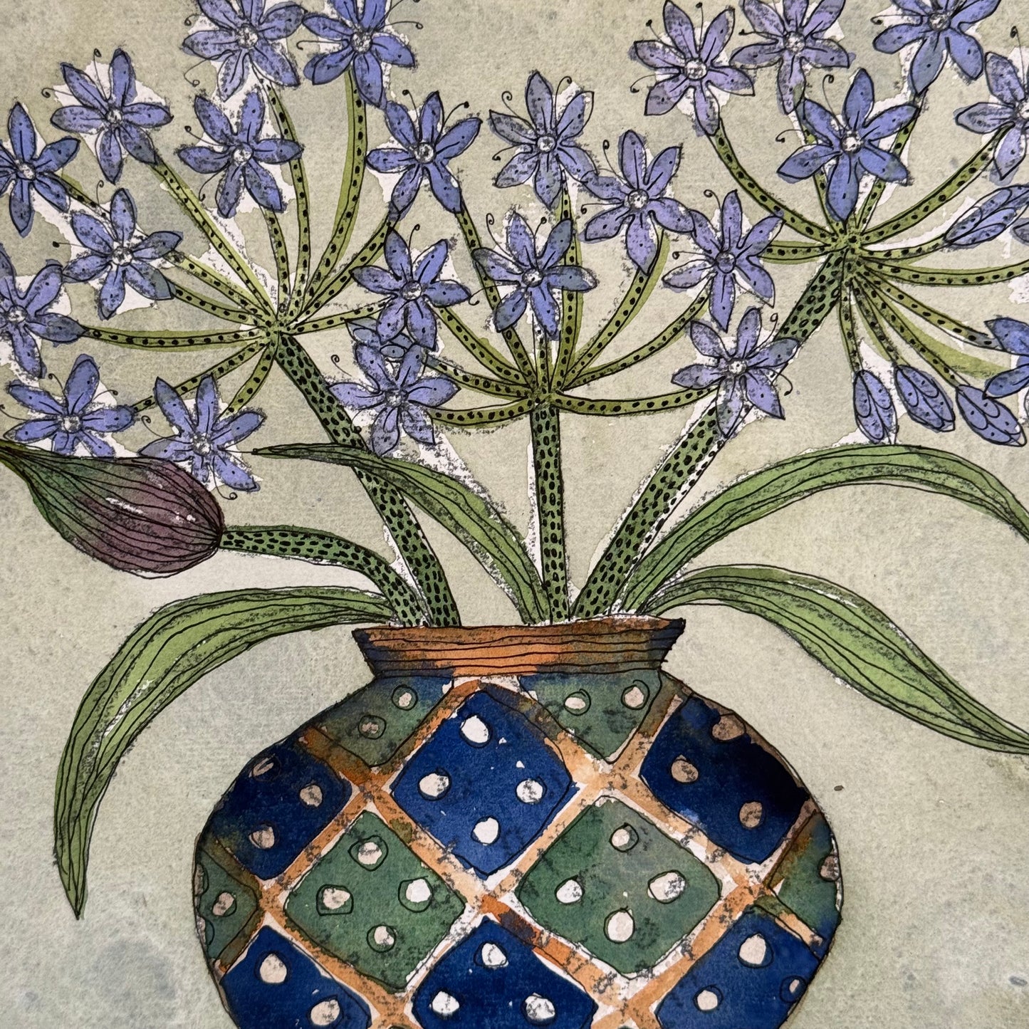 Original, Watercolour & Pen Hyacinths in a vintage Pot