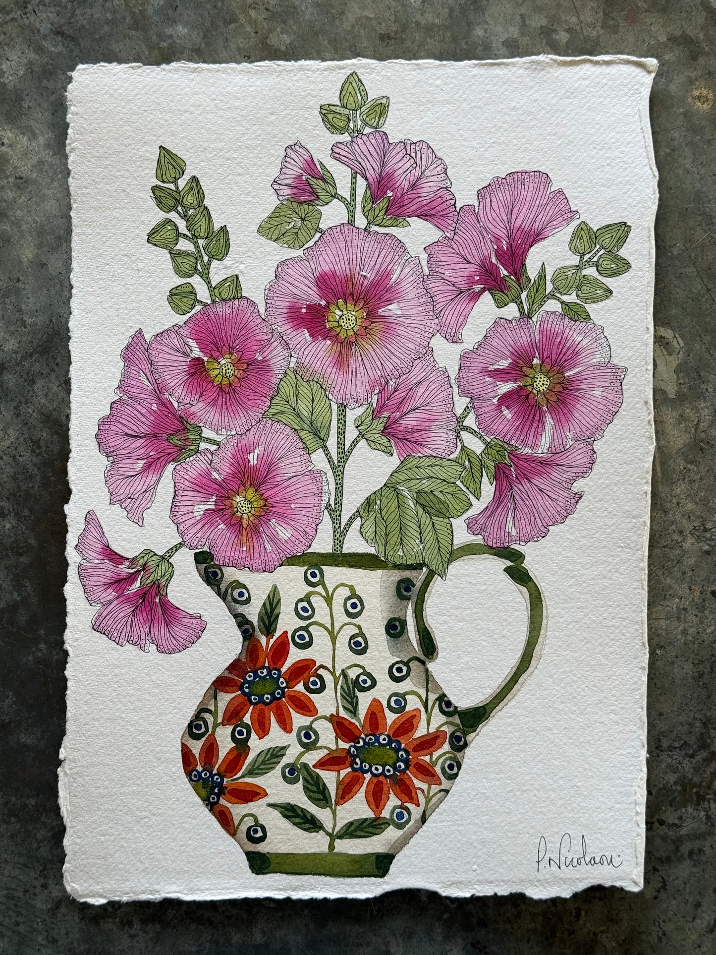 A4, Original Watercolour & Pen Hollyhocks in a Jug