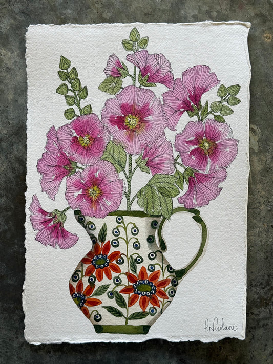 A4, Original Watercolour & Pen Hollyhocks in a Jug
