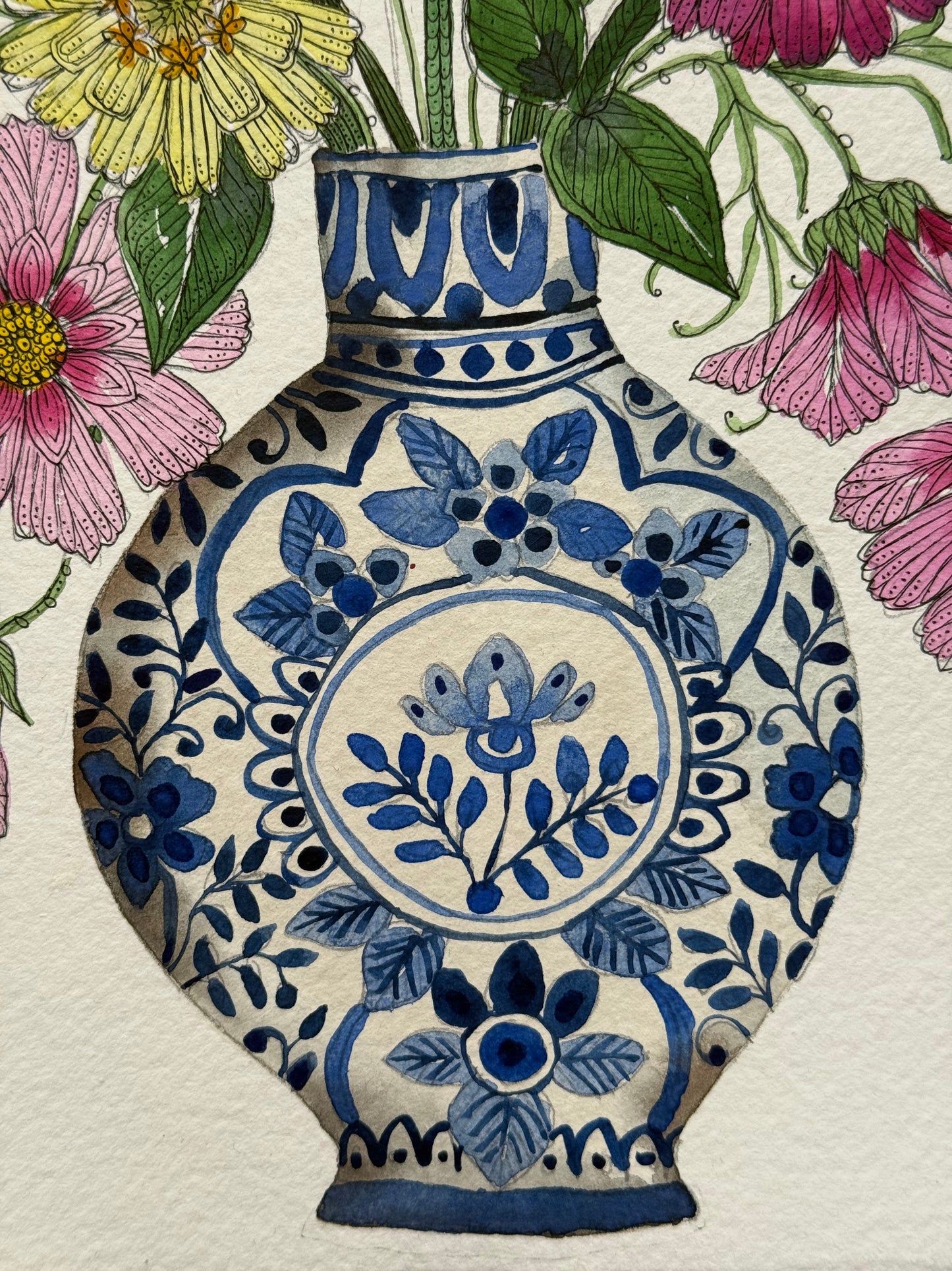 Original, A4 Watercolour painting of Cut garden Flowers in a delft Vase.