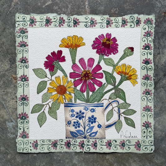 Original, watercolour painting of Zinnias in a delft teacup.