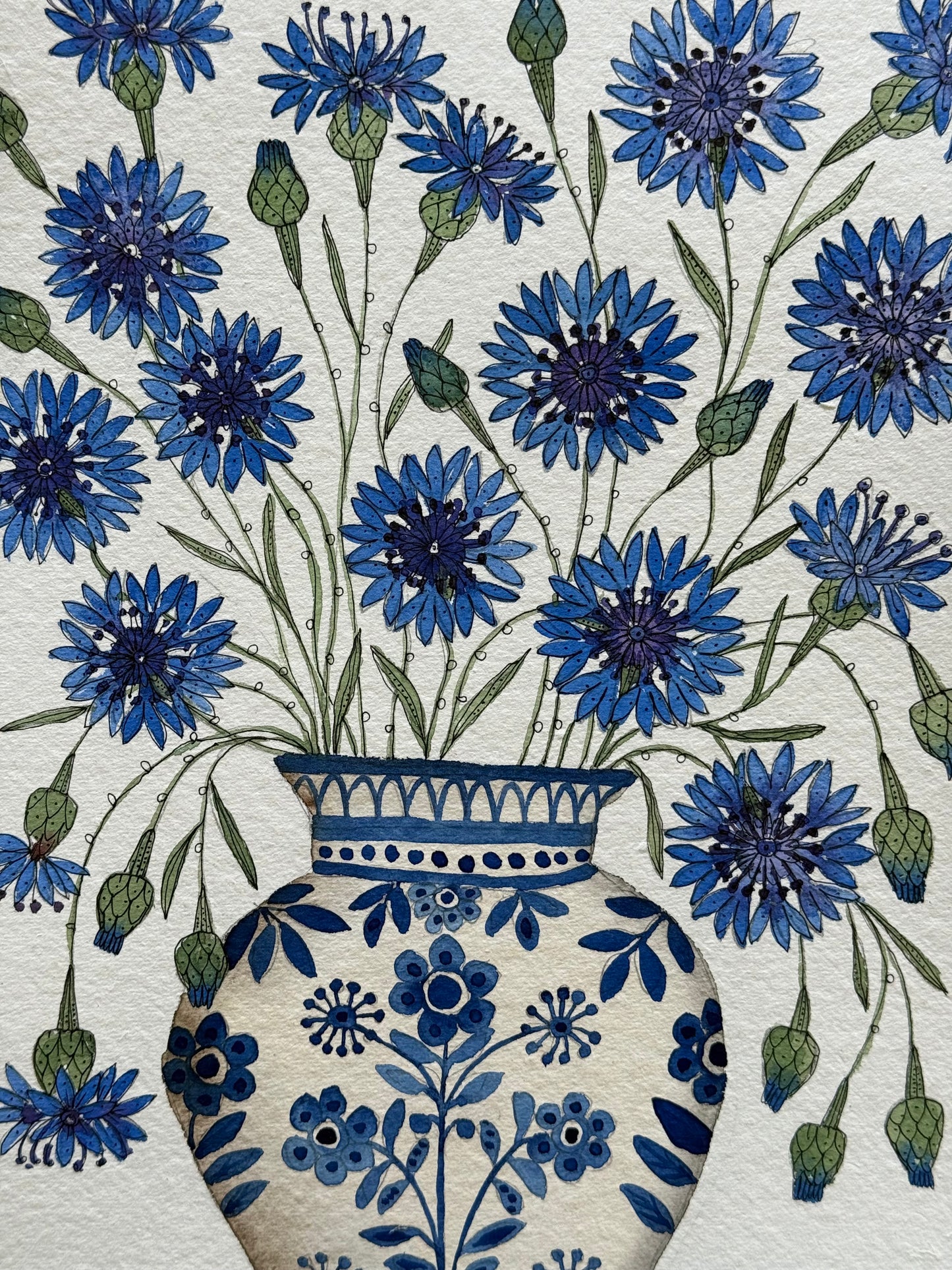 A4, Original Watercolour & Pen Cornflowers in a Delft Vase