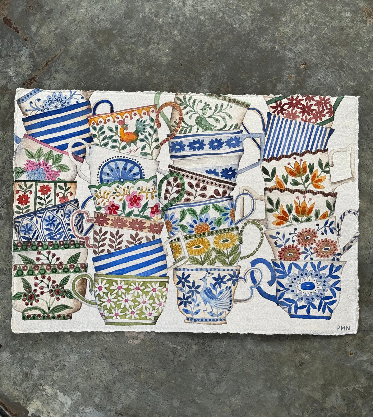 A4, Original, Watercolour, Stacked Teacups & Rooster
