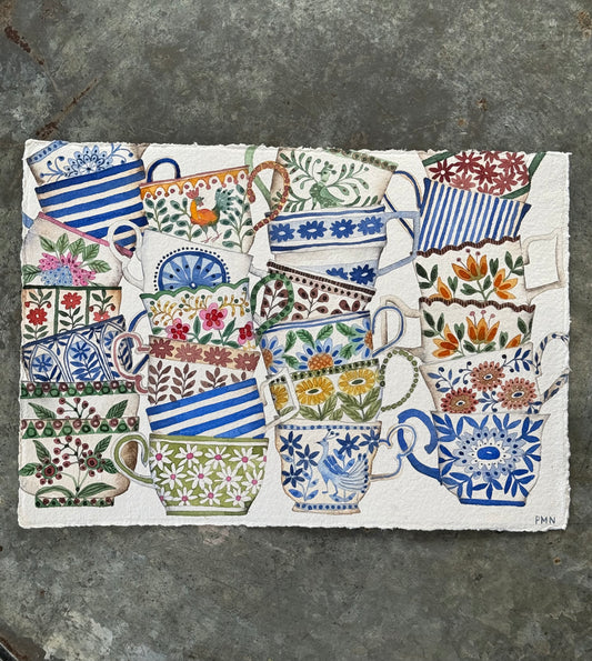 A4, Original, Watercolour, Stacked Teacups & Rooster