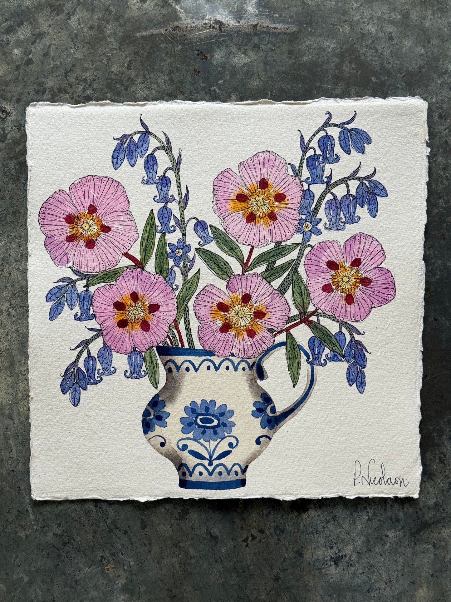 Original, Watercolour Cistus, Rock Rose, and Bluebells.