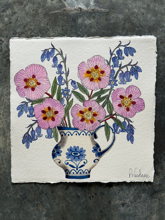 Original, Watercolour Cistus, Rock Rose, and Bluebells.