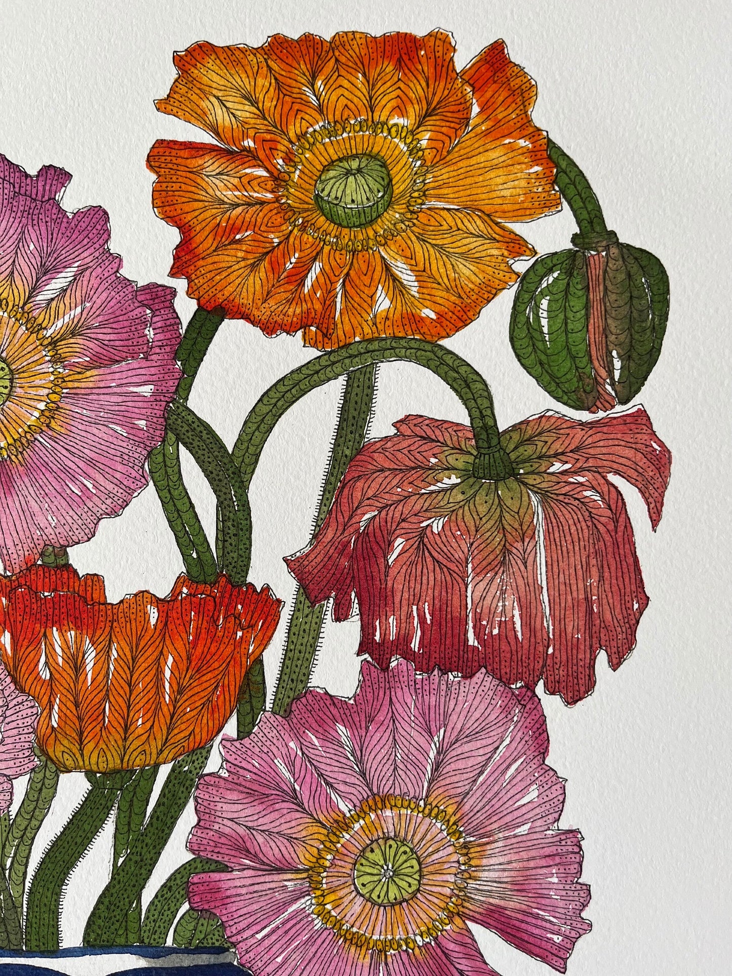 A3 limited edition, giclee print of curious and vibrant poppies in a blue and white patterned, ceramic pot.