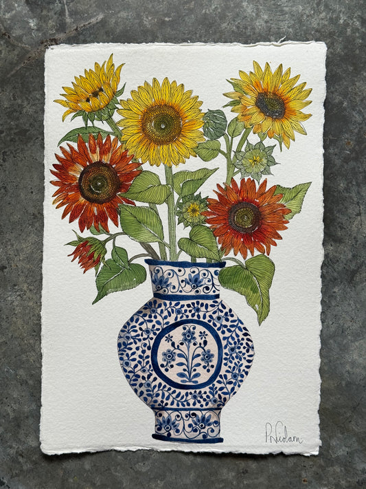 Original, A4 watercolour painting of Sunflowers in a blue & white Ceramic Vase