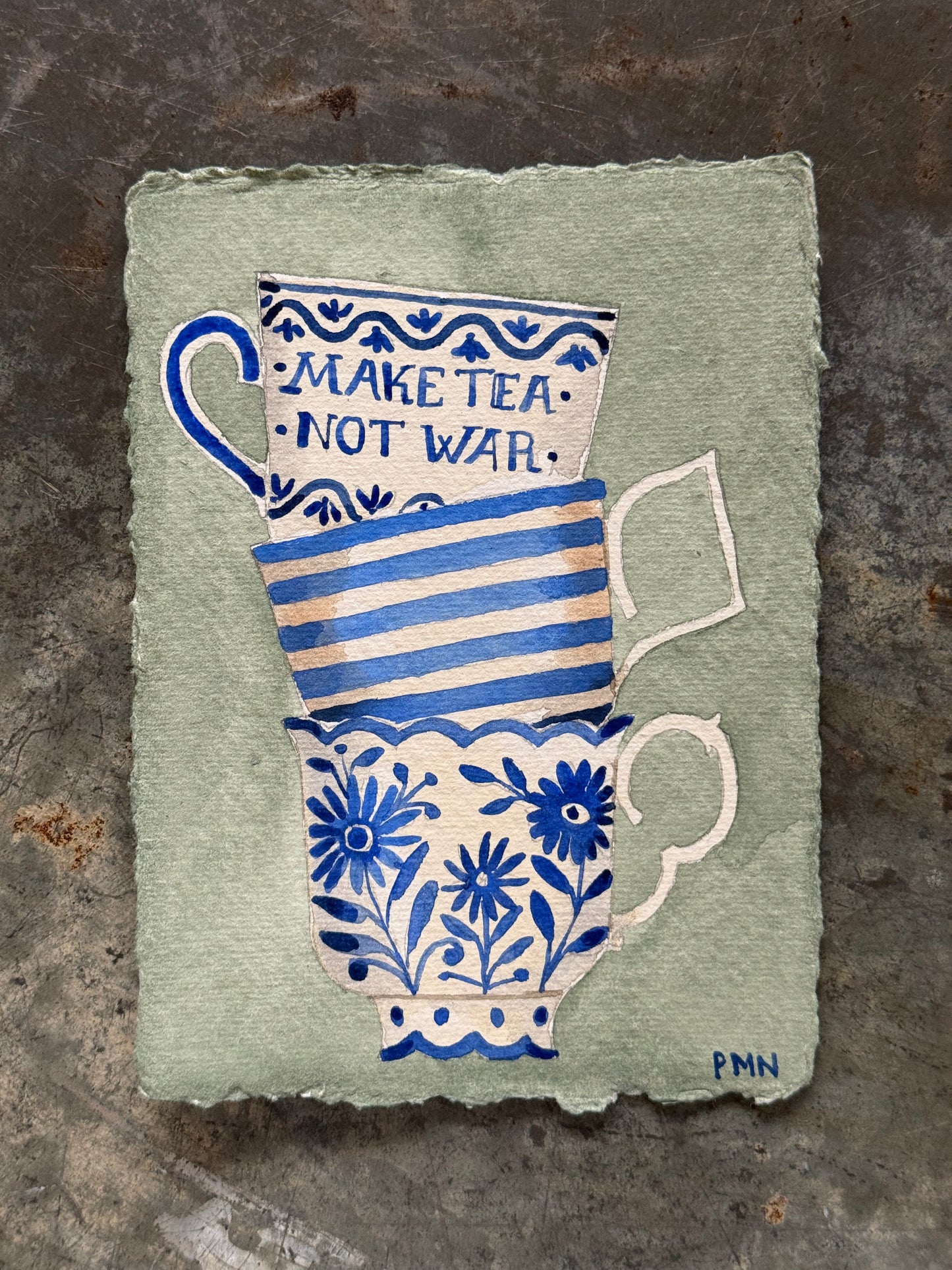 A6, Original, Watercolour Stacked Teacups (c)