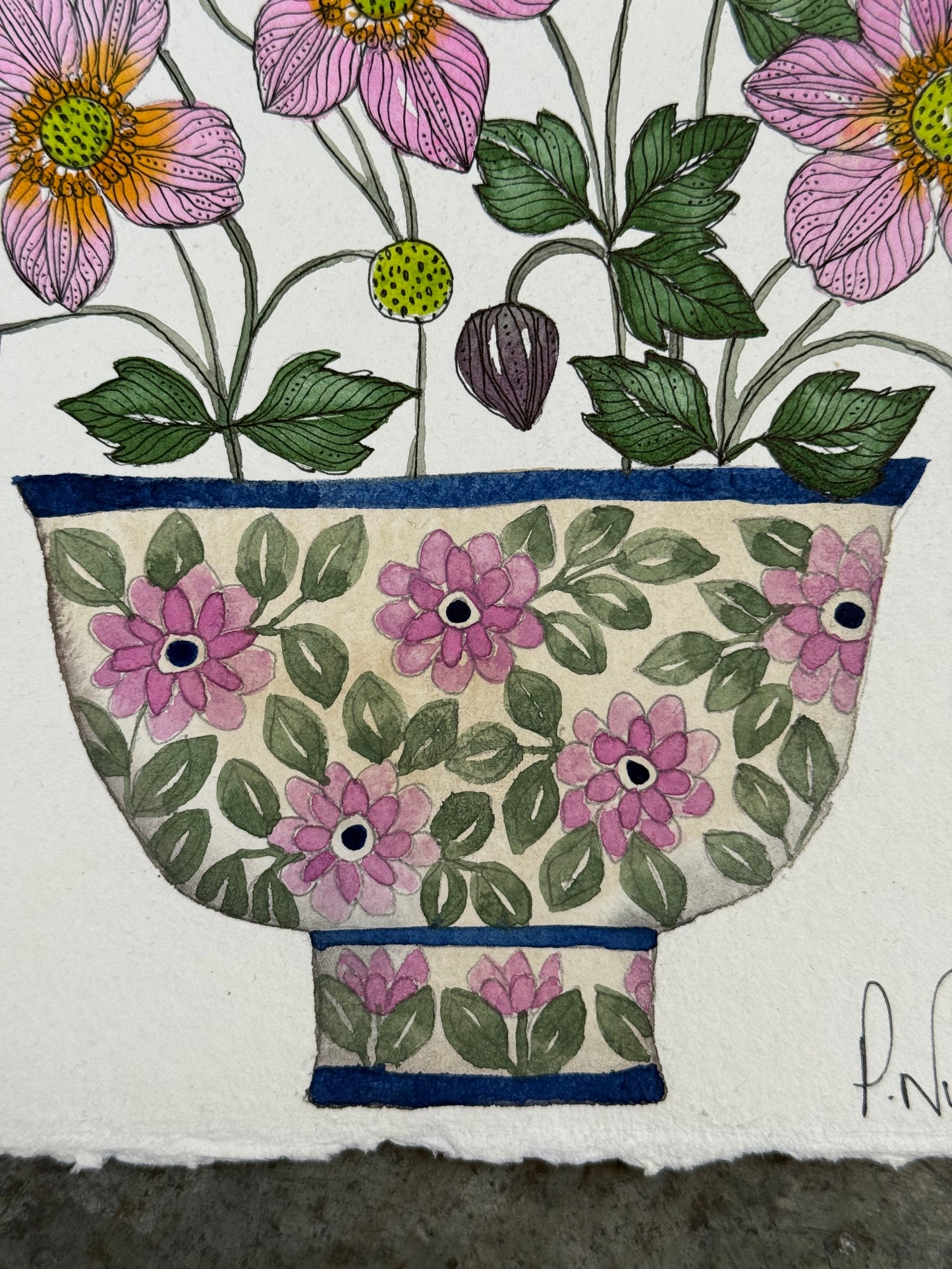 Original, A5 watercolour painting of Anemones in a floral ceramic pot.