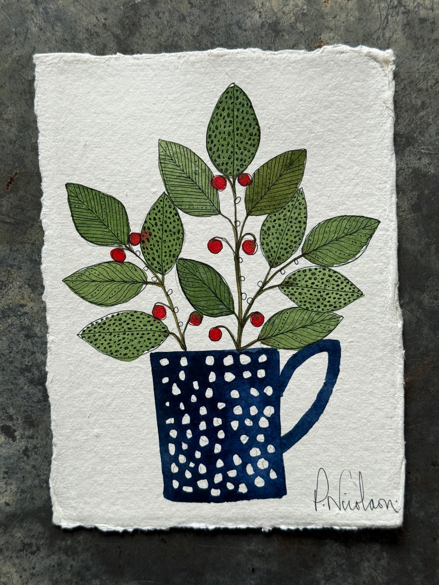Original, A6 Watercolour Festive leaves in a Spotty Ceramic Mug.