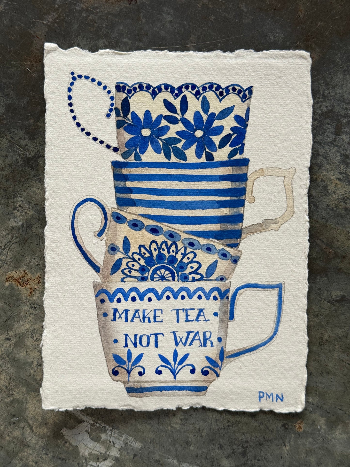 A6, Original Watercolour Stacked Teacups (h)