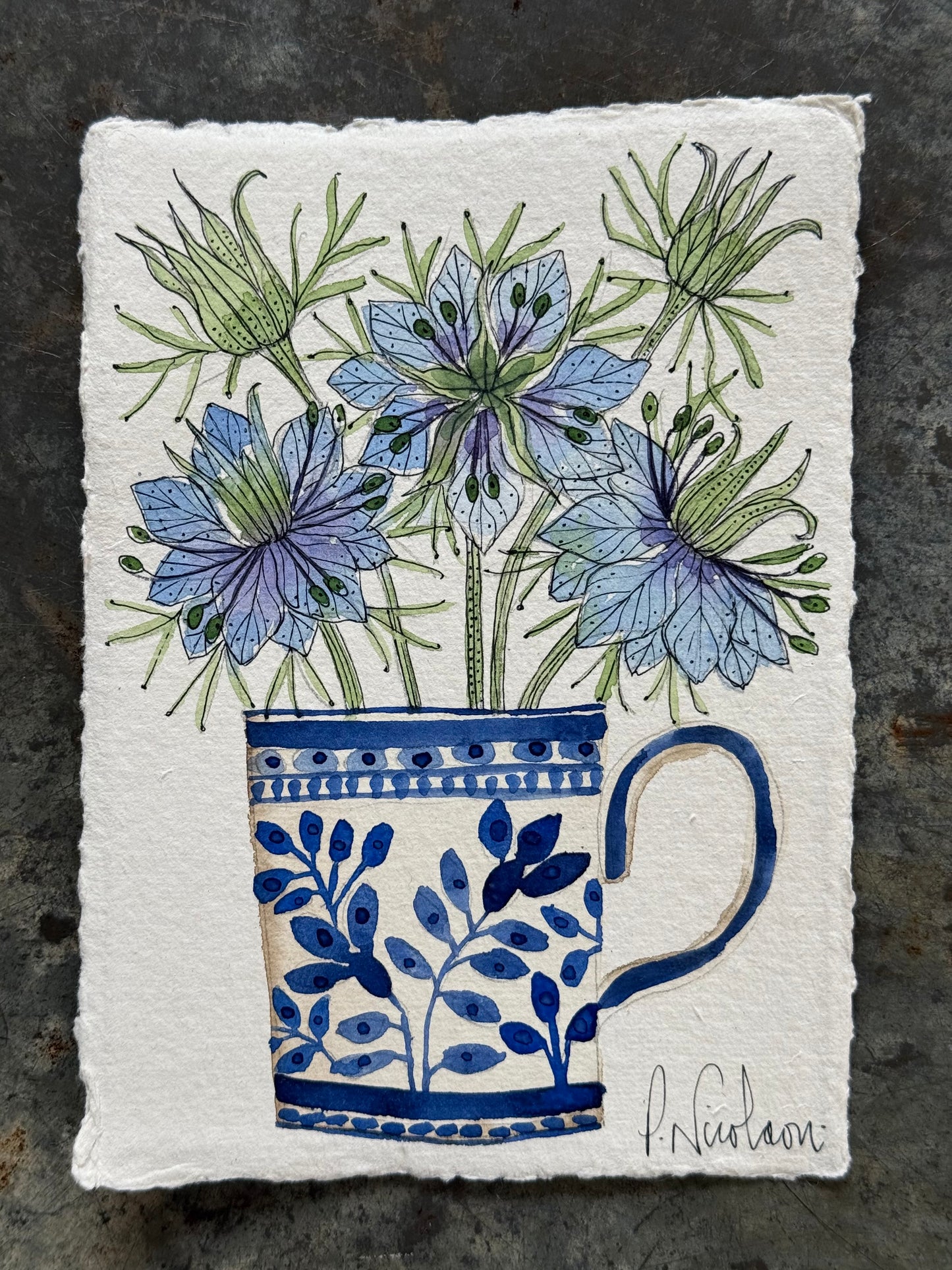 A6, Original watercolour & Pen Love in a Mist