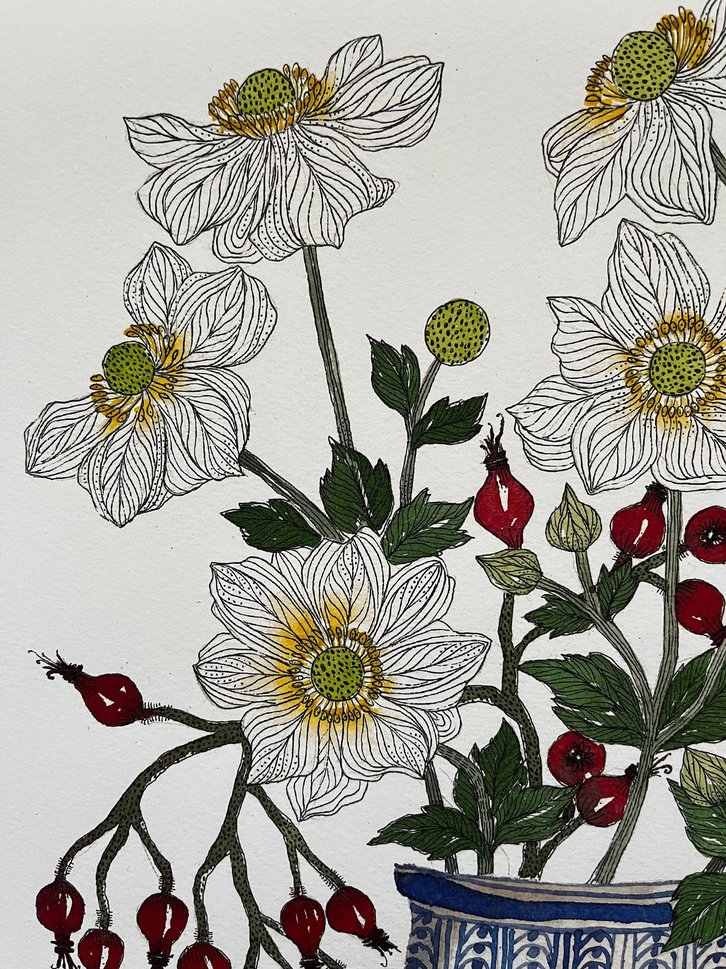 A3, limited edition giclee print of white anemones and rose hips in a blue and white patterned ceramic, vessel.