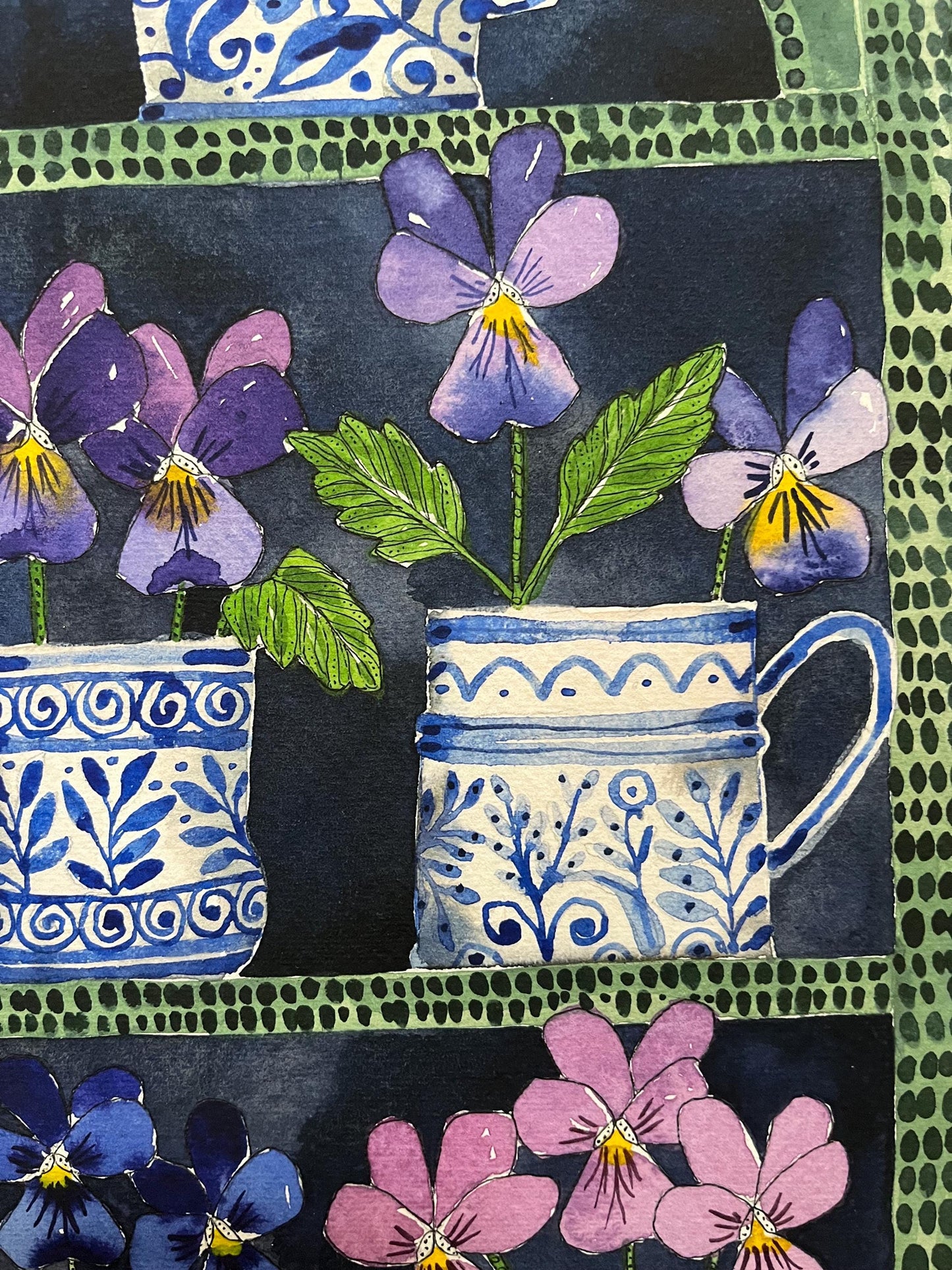 A3, limited edition giclee print of a watercolour and ink painting of violas in delftware, ceramic cups & mugs displayed in a plant Theatre.