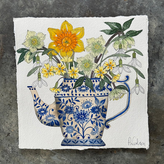 Original, Watercolour Spring Flowers in a Teapot
