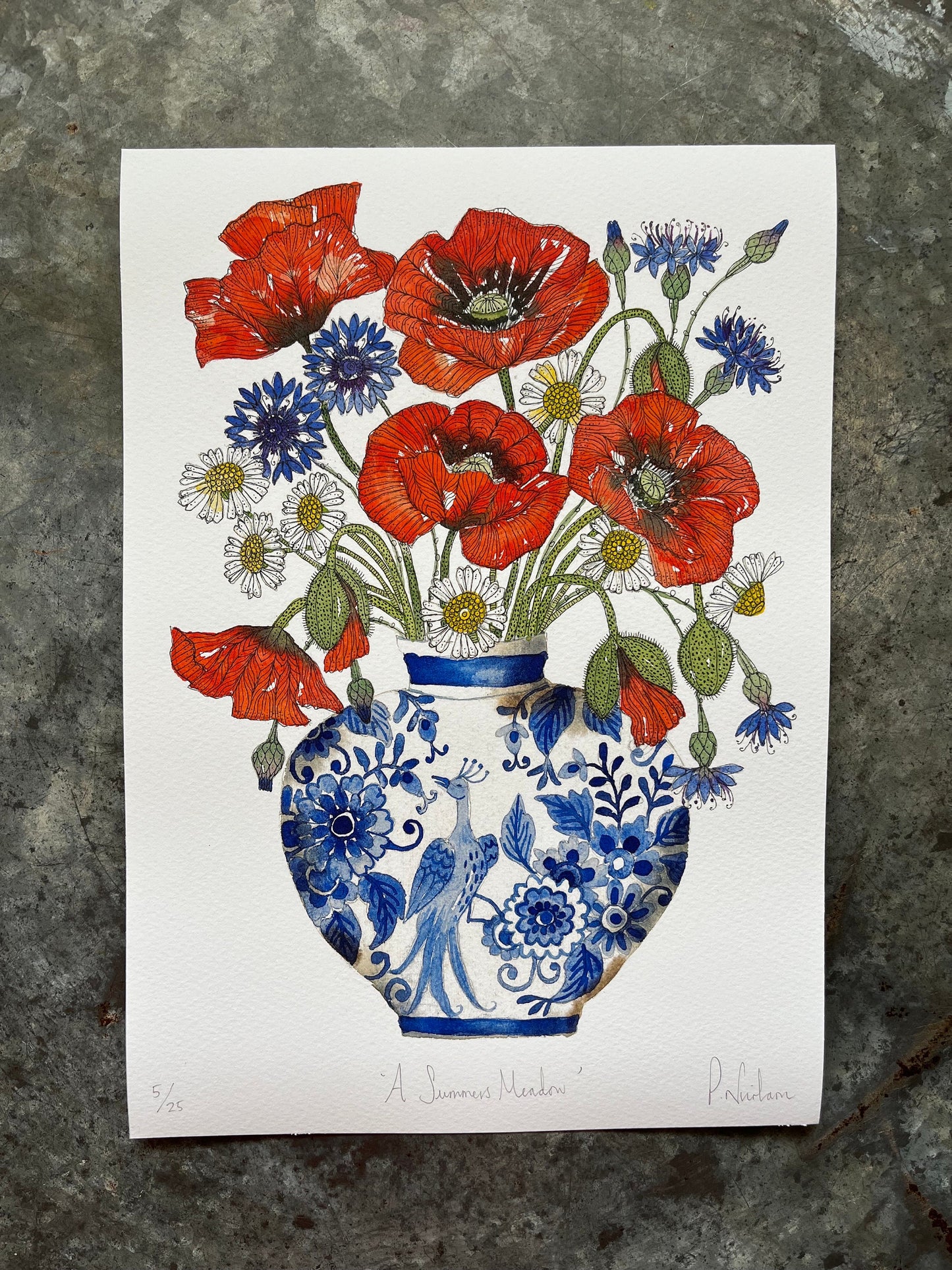 A4, limited edition giclee print of summer meadow flowers, red poppies, cornflowers and daisies in a delftware ceramic vase.