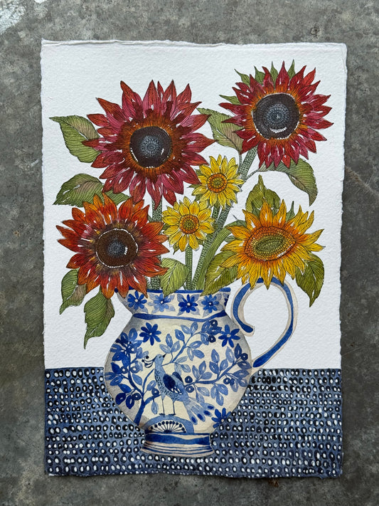 Original, A4 Watercolour Sunflowers in a Delft inspired Vase