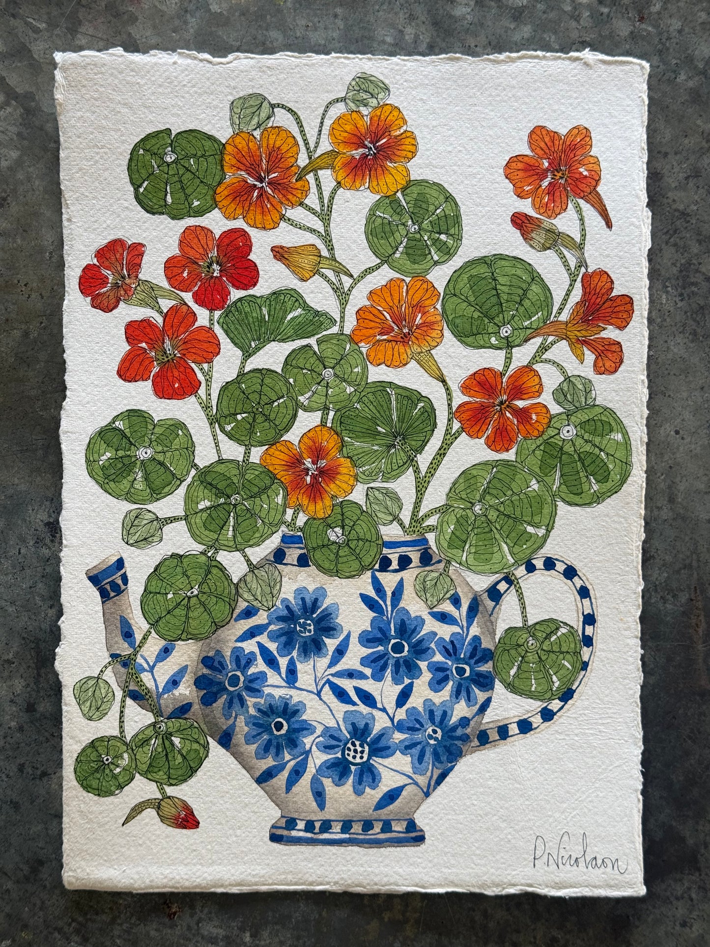 A4, Original Watercolour & Pen Nasturtiums in a Delft Teapot