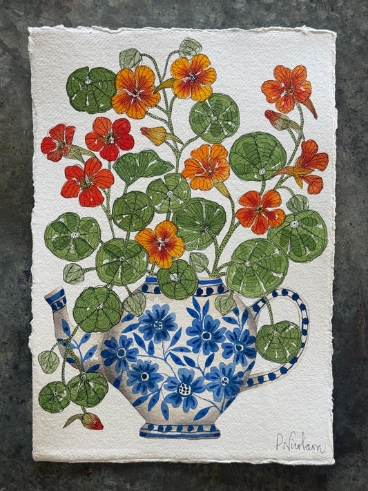 A4, Original Watercolour & Pen Nasturtiums in a Delft Teapot