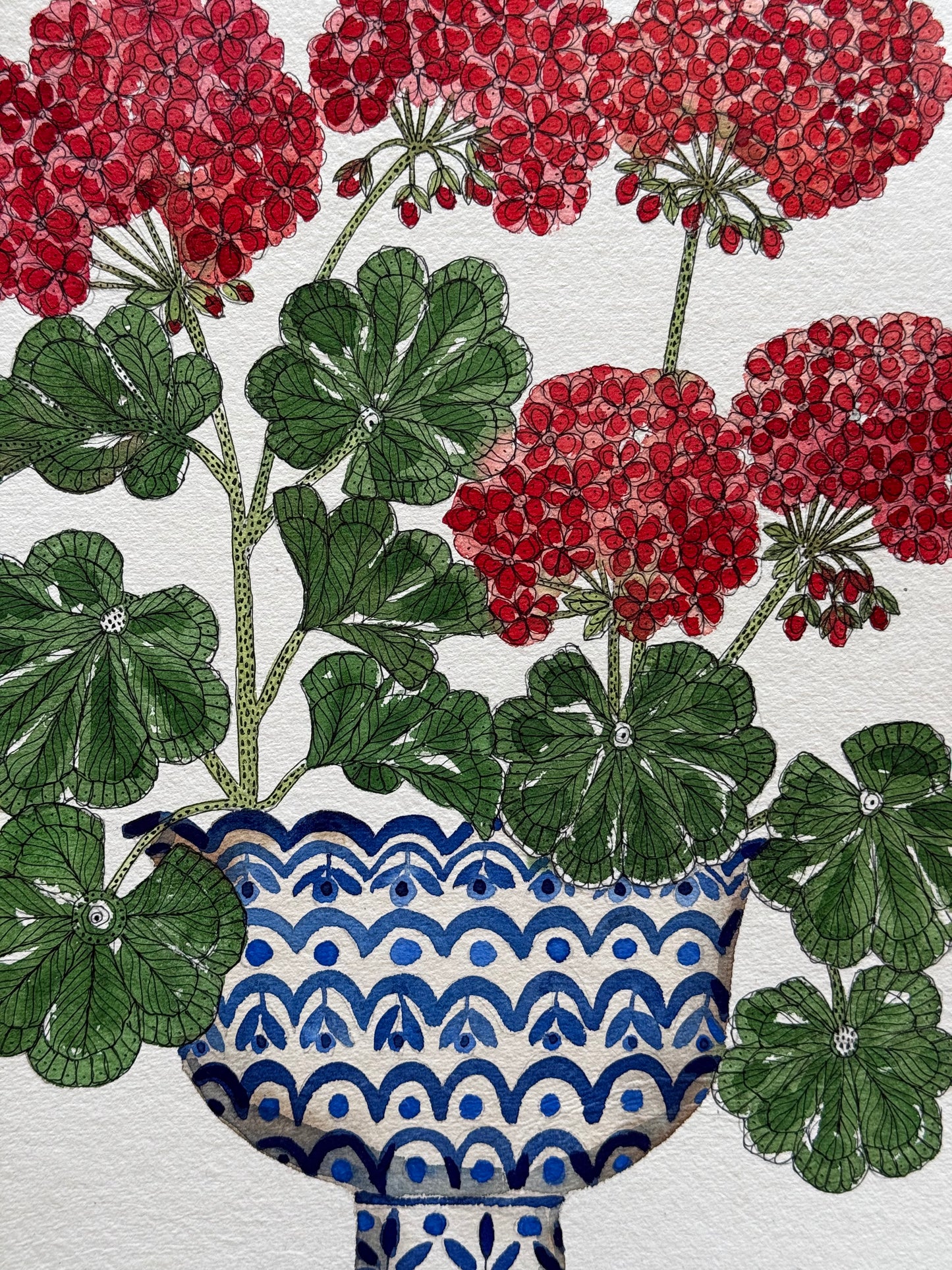 A4, Original Watercolour & Pen Geraniums in a Vessel
