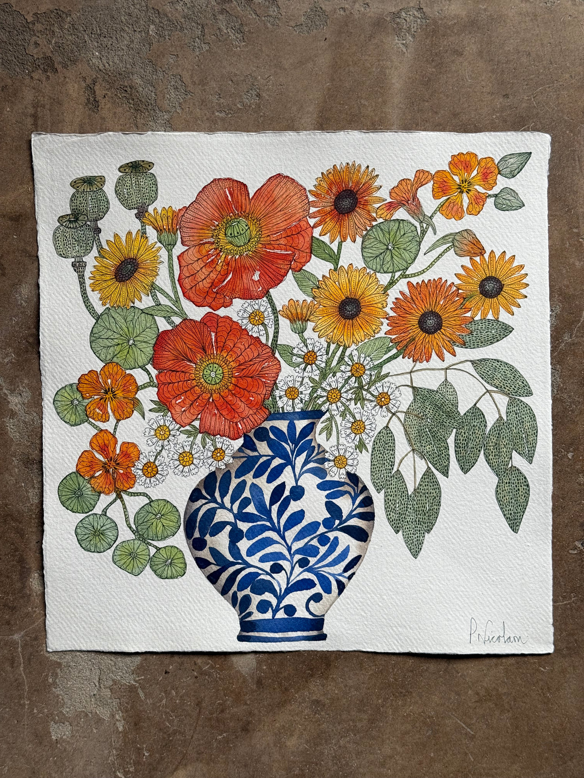Original, Watercolour & Pen Orange Flowers