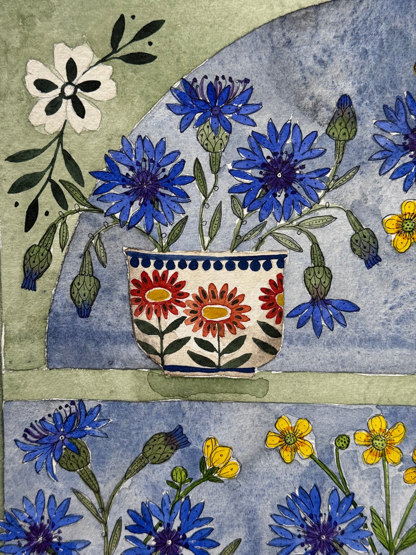 A3, Original Watercolour & Pen Cornflowers & Butterercups
