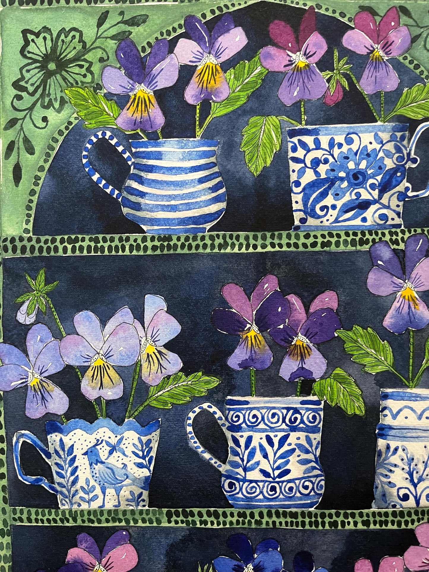 A3, limited edition giclee print of a watercolour and ink painting of violas in delftware, ceramic cups & mugs displayed in a plant Theatre.